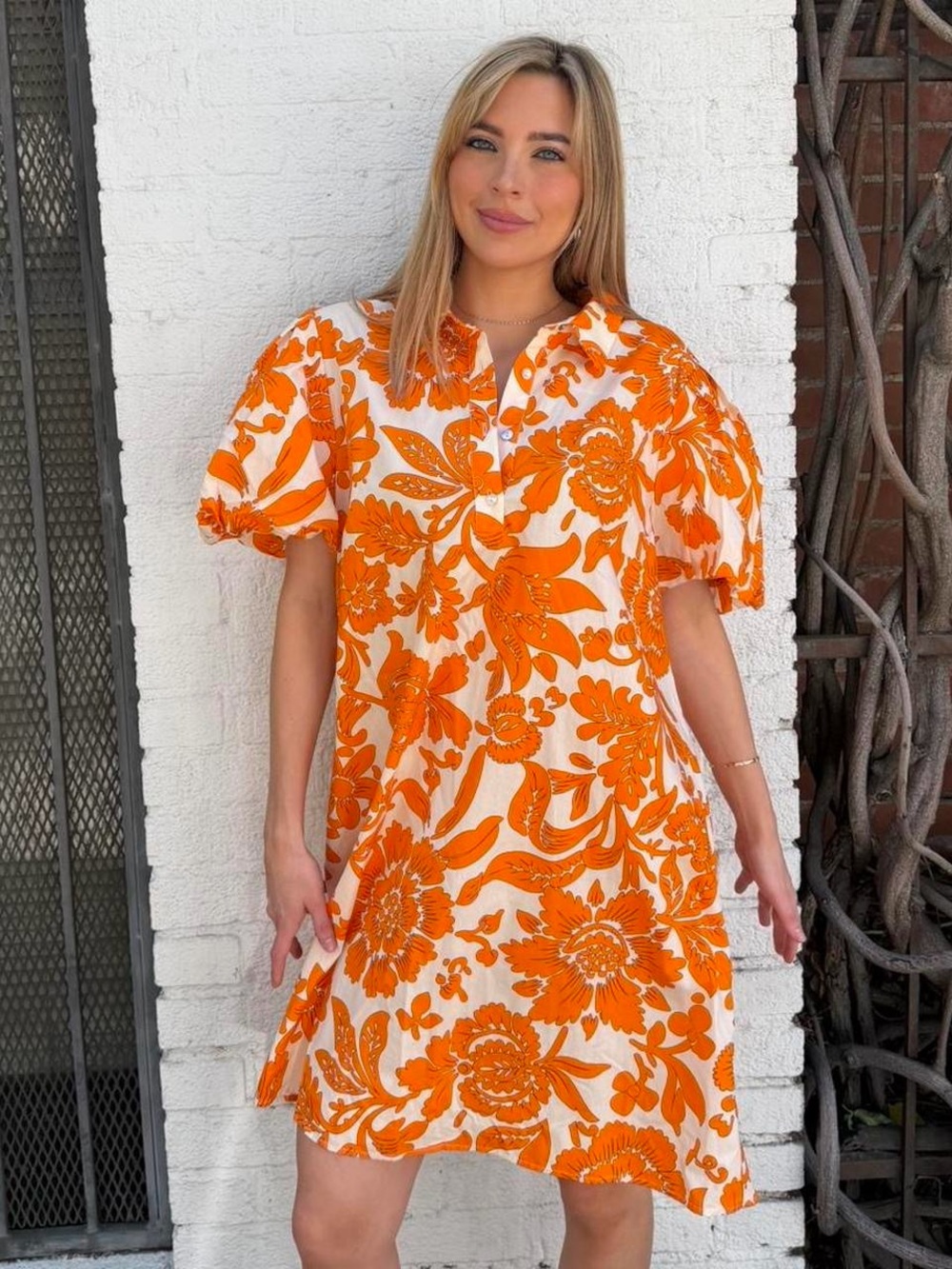 MSK Orange floral midi dress with puffy sleeves Size XL  #summer #cottage